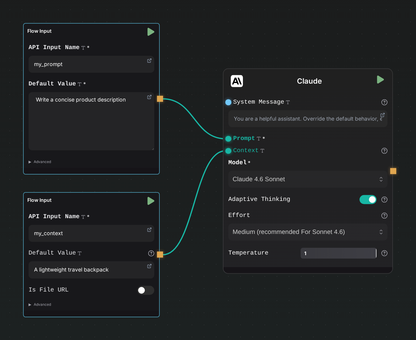 Two Flow Input nodes connected to the prompt and context fields of a Claude node