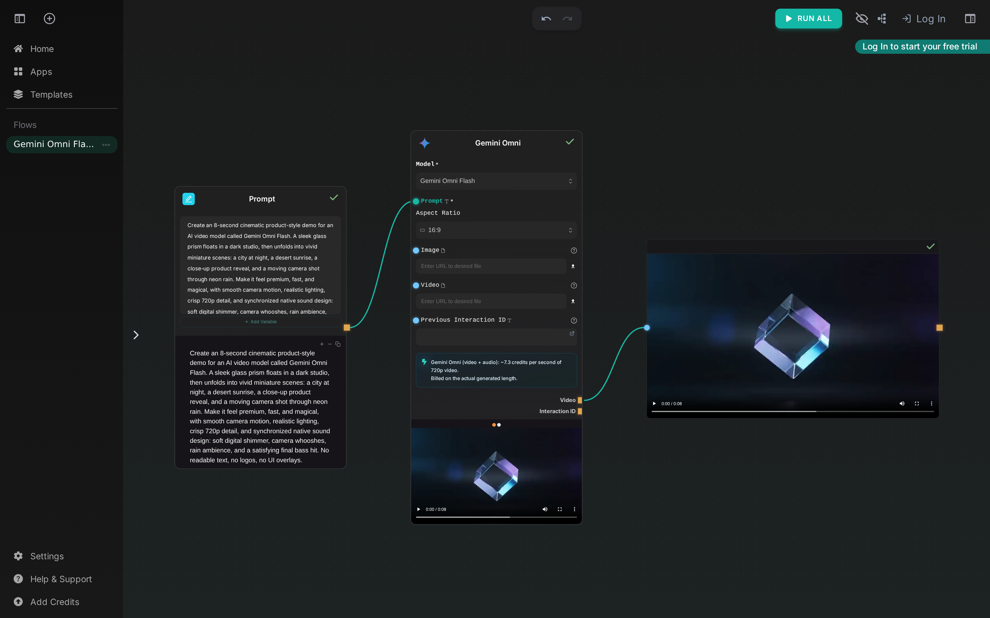 A current multi-node workflow centered on the AI-Flow canvas