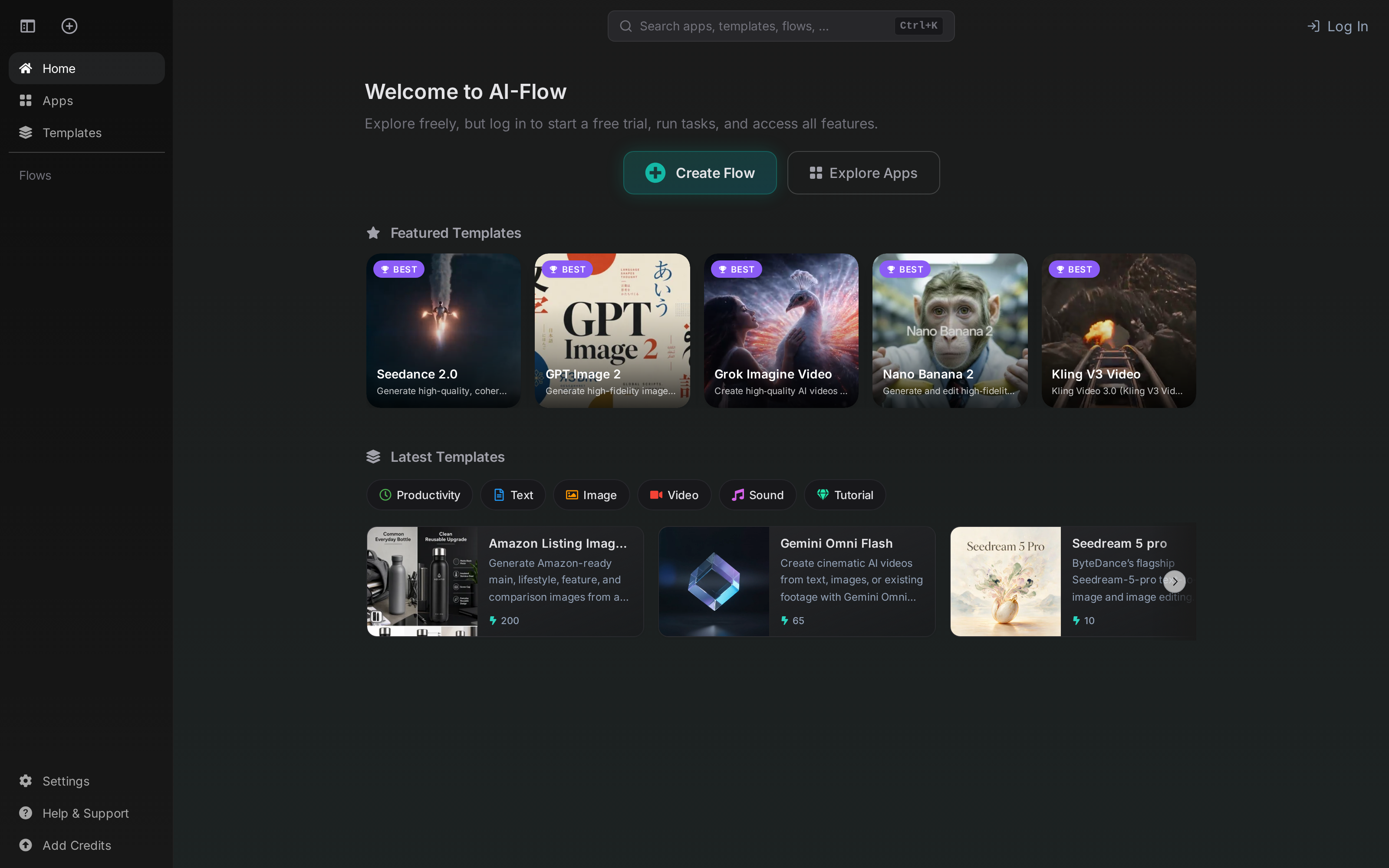 AI-Flow home page with Create Flow, Explore Apps, and template shortcuts