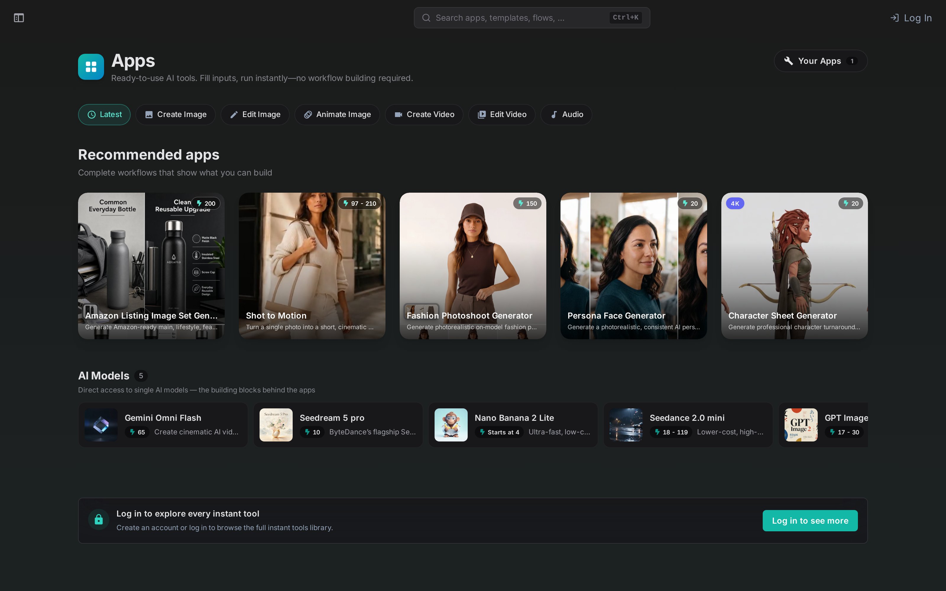 Default Apps catalog with recommended workflows and AI Models