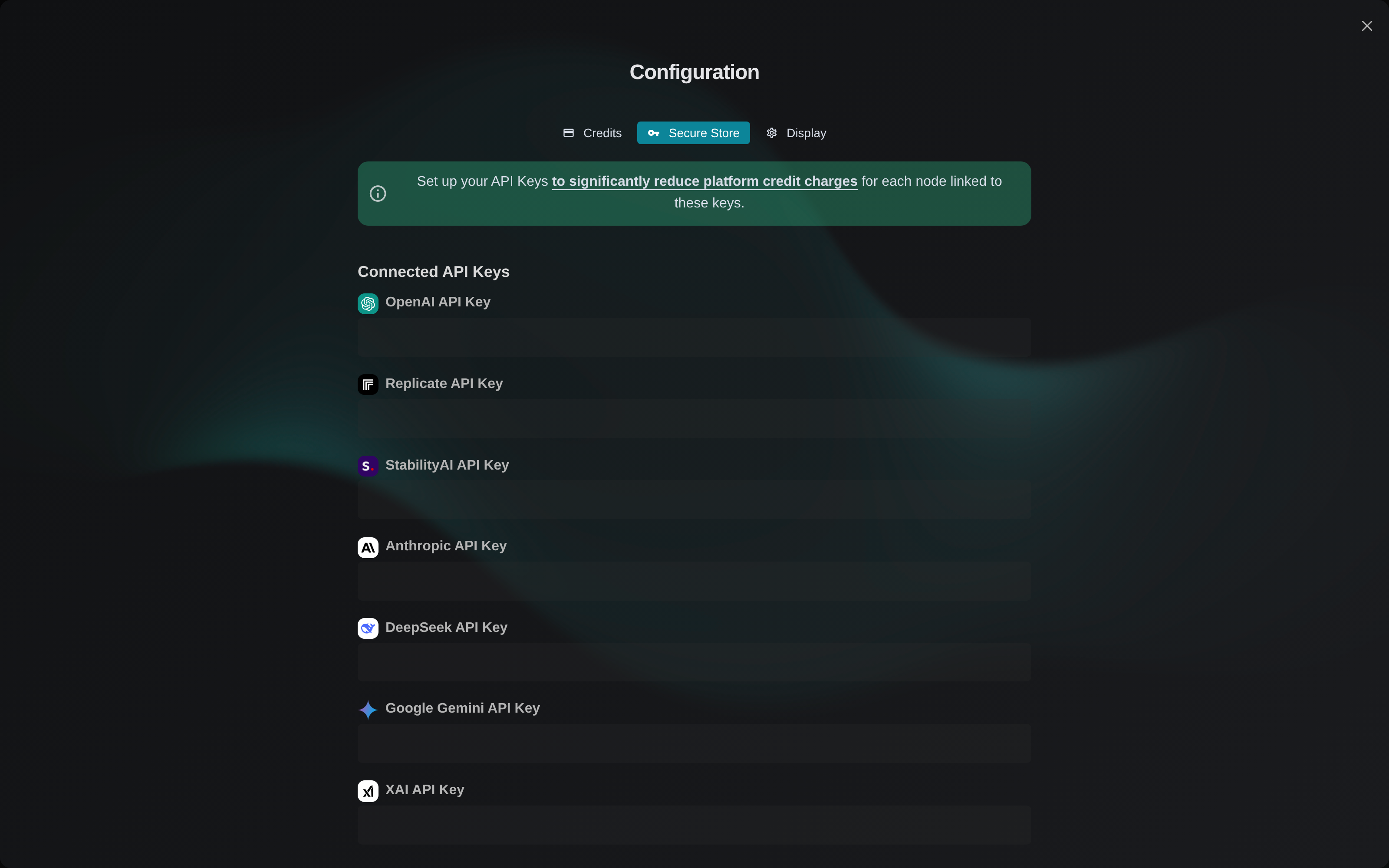 The Secure Store in AI-Flow settings, with fields for supported providers