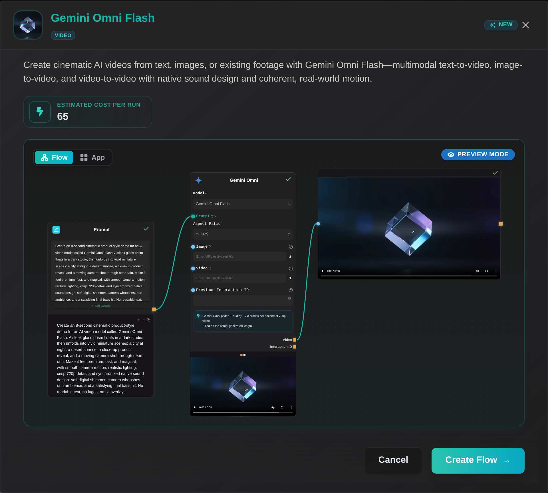 A template preview with Flow and App modes